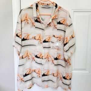 Playboy Pacsun Shirt Mens L Allover Graphic Centerfold Portraits Button Up Rayon